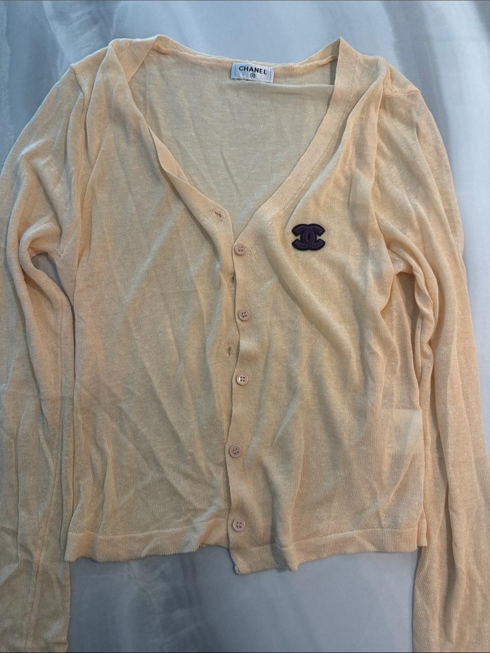 CHANEL Peach Lightweight V-Neck Button Cardigan with Logo Patch